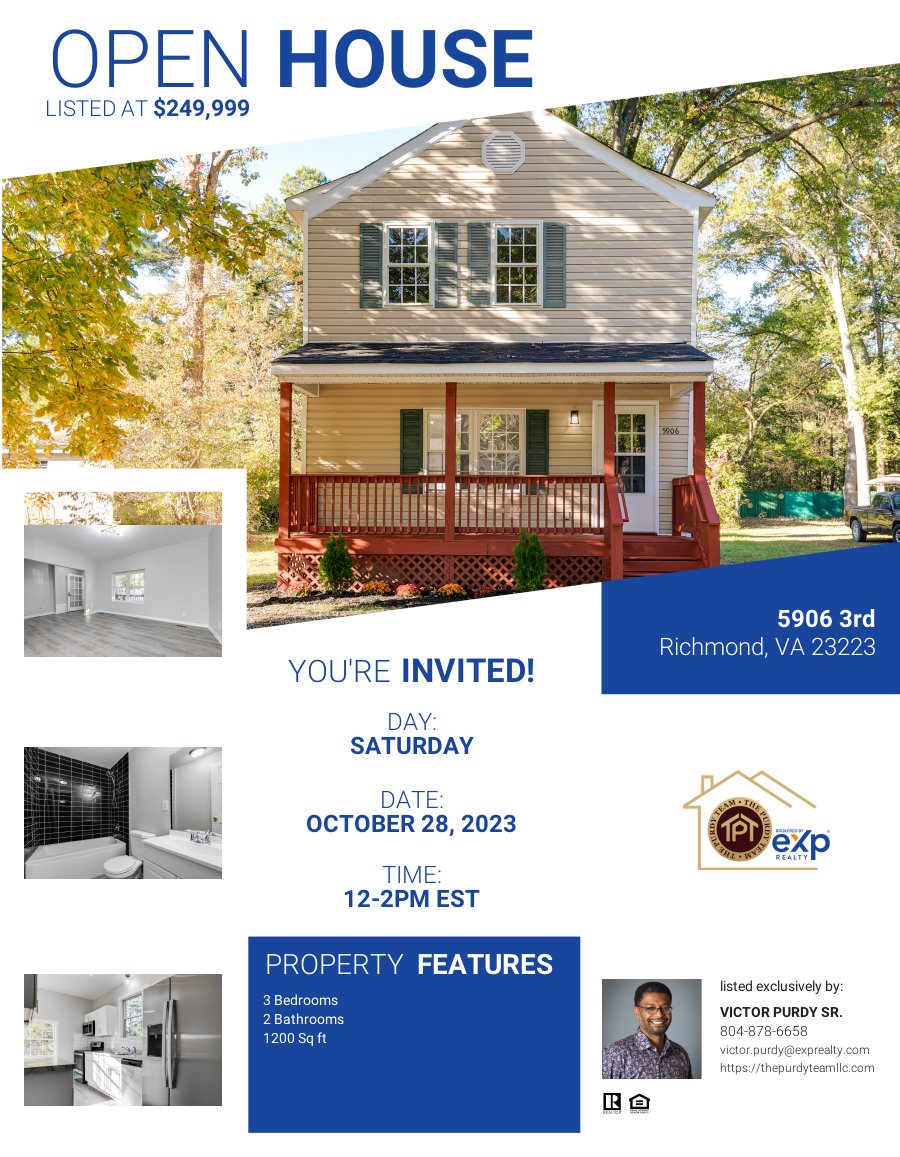 ⚠️ Open House Alert ⚠️

Join us this Saturday, Oct 28th, 12-2pm at 5906 3rd St, Richmond, VA 23223. 

Come, explore, and let your future unfold in this wonderful home. 🚪✨ 

#PurdyTeam #OpenHouse #RichmondRealEstate #YourNextChapter #DreamHome