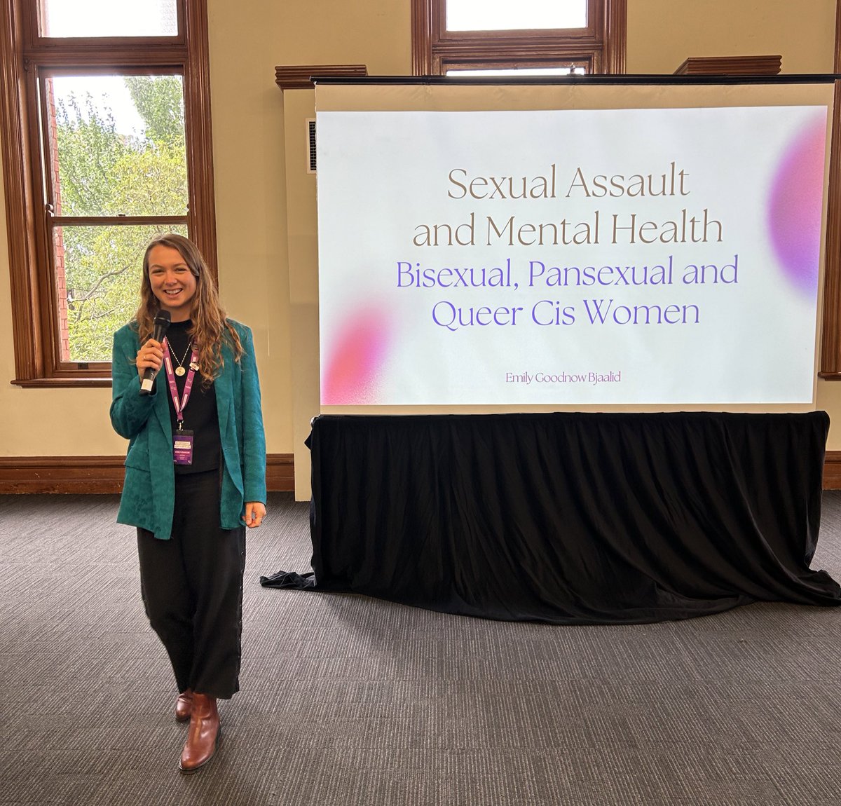 BellaBushby's tweet photo. Emily Goodnow Bjaalid presenting at #LGBTIQWHC 2023 on sexual assault and mental health among bisexual, pansexual and queer cis women. https://t.co/cG7C5tmRx1