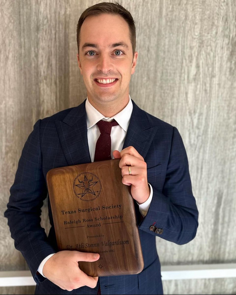 ttuhscmed's tweet photo. Congratulations to #TTUHSC Surgery Resident Atli Valgardsson (PgY5) for being celebrated by the Texas Surgical Society as the Raleigh Ross scholar! This award is presented to an exceptional resident who is undergoing training in general surgery within the state of Texas. https://t.co/xI29RXRzq3