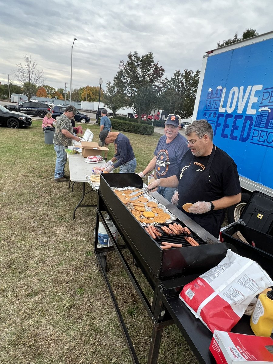 These fellas right here cooked up 130 chicken sandwiches and 260 hotdogs tonight in West Carrollton. While our volunteers gave out 13,500 pounds of groceries to 203 families. What a great Fall evening!