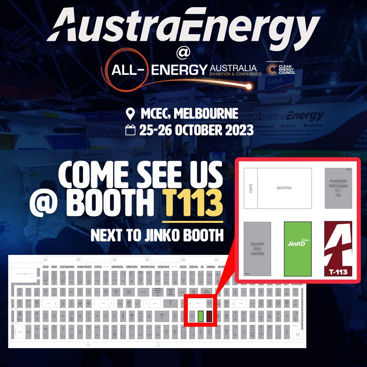 We're back at All Energy! Come visit us at booth T113, where we're showcasing the latest from Jinko, eCactus, DAH Solar, Solplanet, Jolywood &amp; Growatt. See what's on offer, grab some goodies and say hi to the Austra team. We can't wait to see you here! #AllEnergyAU #AllEnergy2023