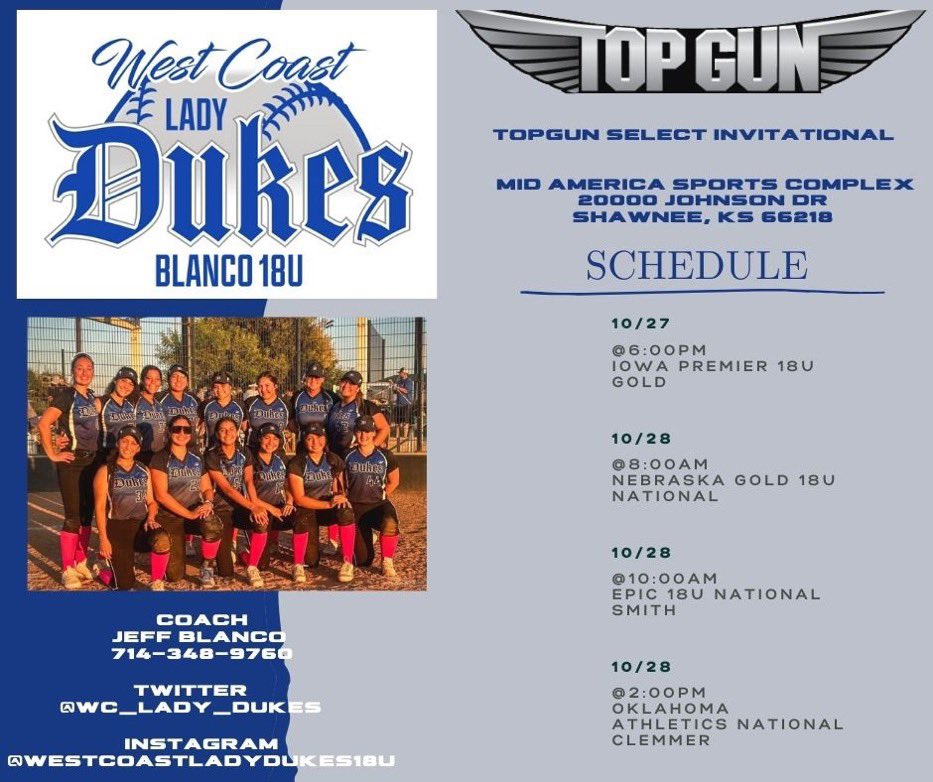 Let’s go West Coast Lady Dukes! Headed to Kansas City this weekend to play in the Top Gun Select Invitational. <a href="/WCladydukes18u/">Westcoastladydukes18u</a> <a href="/TopGunEvents/">Top Gun Events</a>