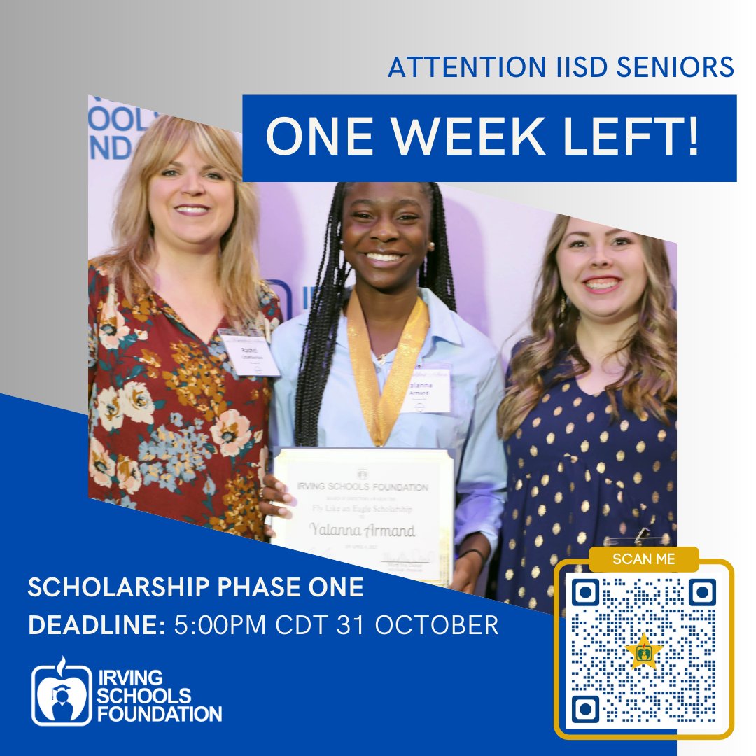 Irving Schools Foundation (ISF) (@iisdfoundation) on Twitter photo 🚨ATTENTION <a href="/IrvingISD/">Irving ISD</a> Seniors! 🎓
ONE WEEK LEFT to complete Phase One (Eligibility Application) of our Scholarship Application process in our new Scholarship Portal!! ⏱️✍️
DEADLINE: 5:00 p.m. CDT Tuesday, October 31
Scholarship Portal: webportalapp.com/sp/login/isf_s… 🚨ATTENTION <a href="/IrvingISD/">Irving ISD</a> Seniors! 🎓
ONE WEEK LEFT to complete Phase One (Eligibility Application) of our Scholarship Application process in our new Scholarship Portal!! ⏱️✍️
DEADLINE: 5:00 p.m. CDT Tuesday, October 31
Scholarship Portal: webportalapp.com/sp/login/isf_s…