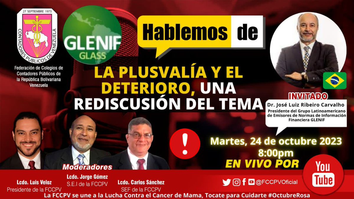 cppc_fccpv's tweet photo. ¡Hola a todos! Los invitamos a nuestro programa en vivo a través de YouTube, donde hablaremos sobre un tema muy interesante: "La Plusvalía y el Deterioro, una rediscusión del tema", con un invitado de lujo, el Dr. José Luiz Ribeiro Carvalho, Presidente del #GLENIF https://t.co/fT5Ol1FoWX