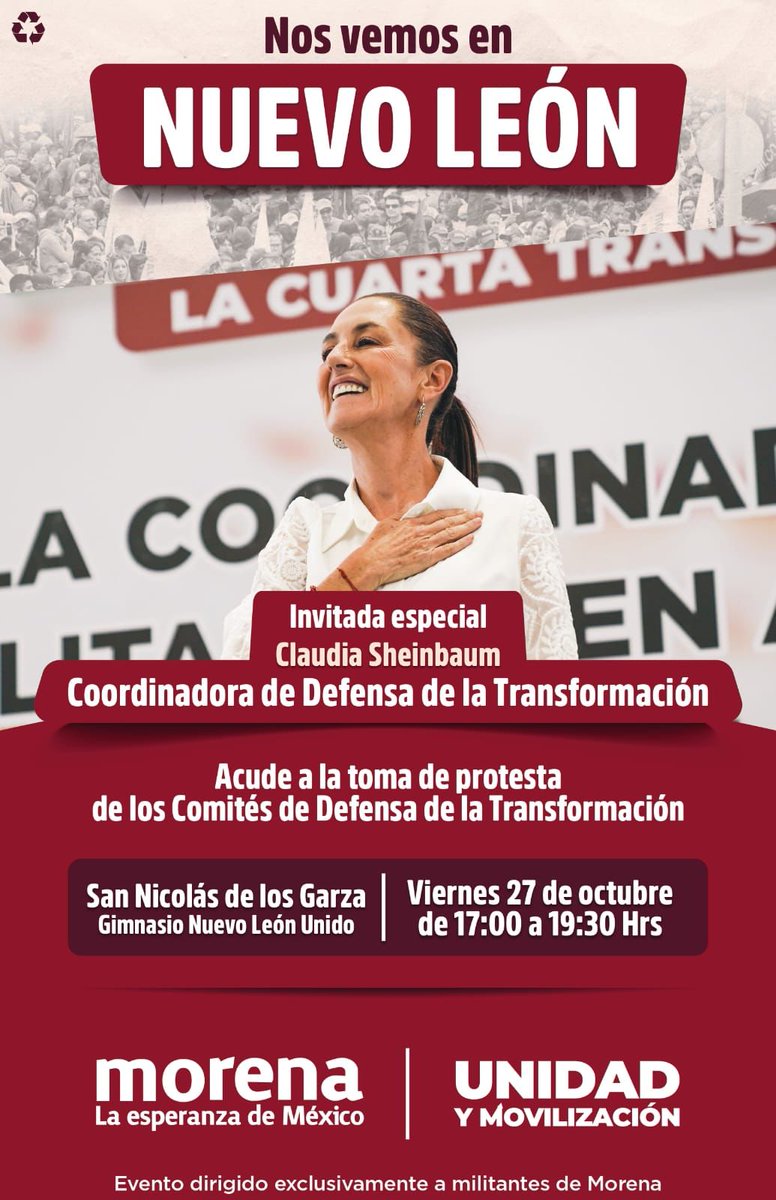 JonathanGtzJG's tweet photo. #NL #NuevoLeón para la militancia de morena. Acompaña este viernes a nuestra Coordinadora Nacional de la #CuartaTransformación #Defensa4T https://t.co/upJA2geE8o
