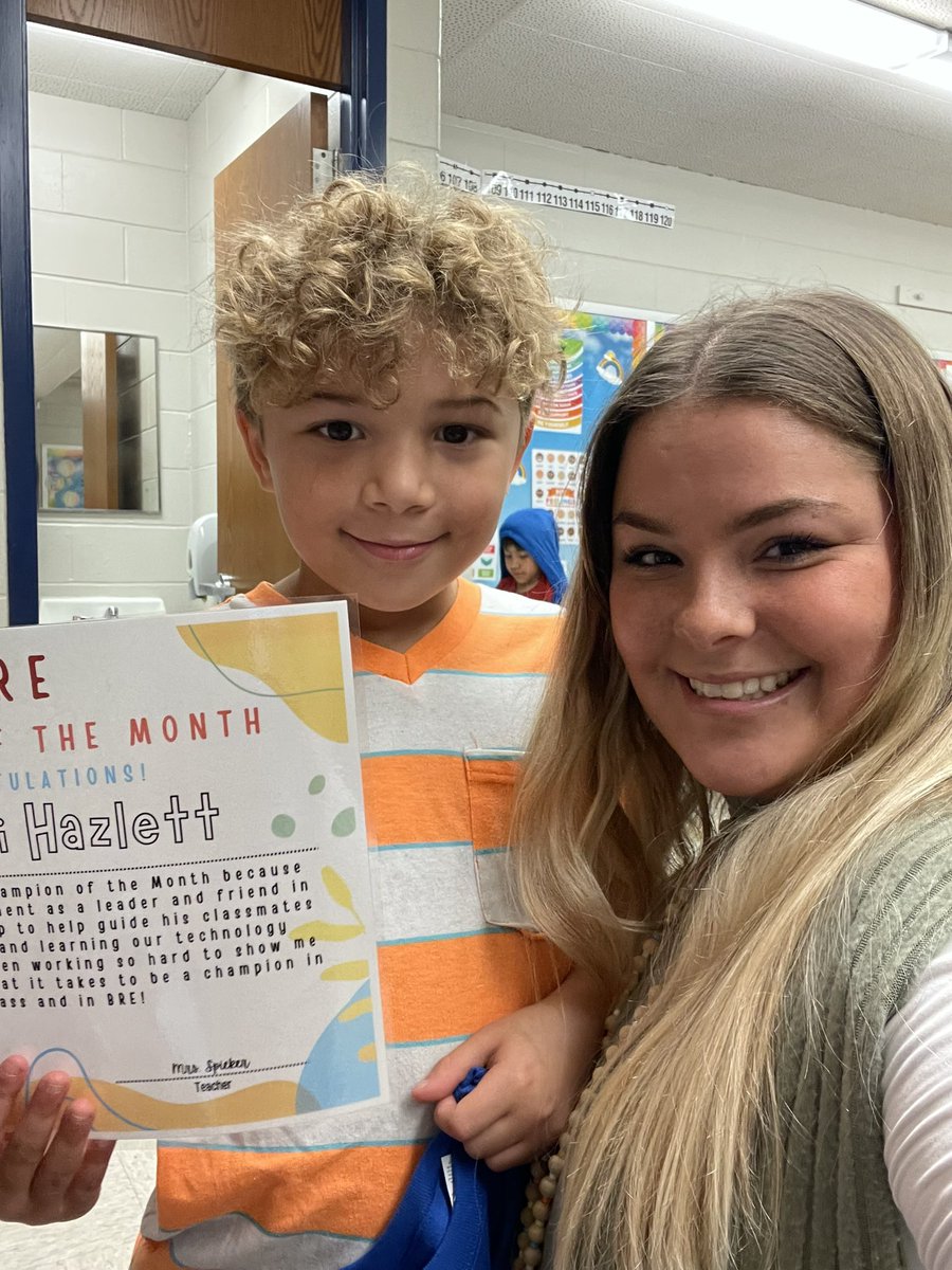 Congratulations to 2 of my students who received champion of the month today!  One in our classroom and one in media specials!  So proud of my students💙 #WeBelieveinBRE