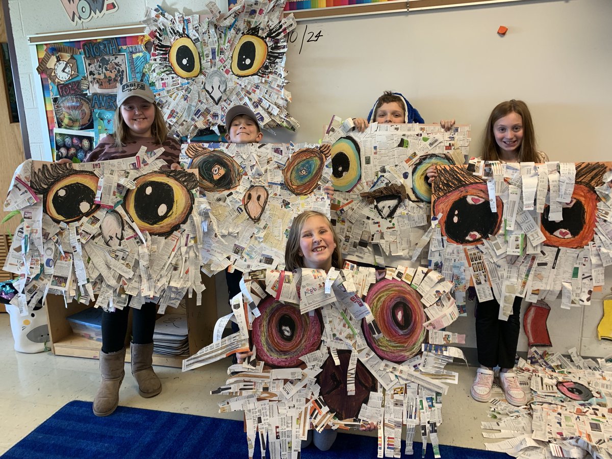 Third grade students from Mr. Sneeringer’s class are excited to welcome MEC’s upcoming visiting author, Annette Whipple!  Students recycled magazines to create their paper collage owl costumes! ⁦<a href="/muhlsd/">Muhlenberg SD</a>⁩
