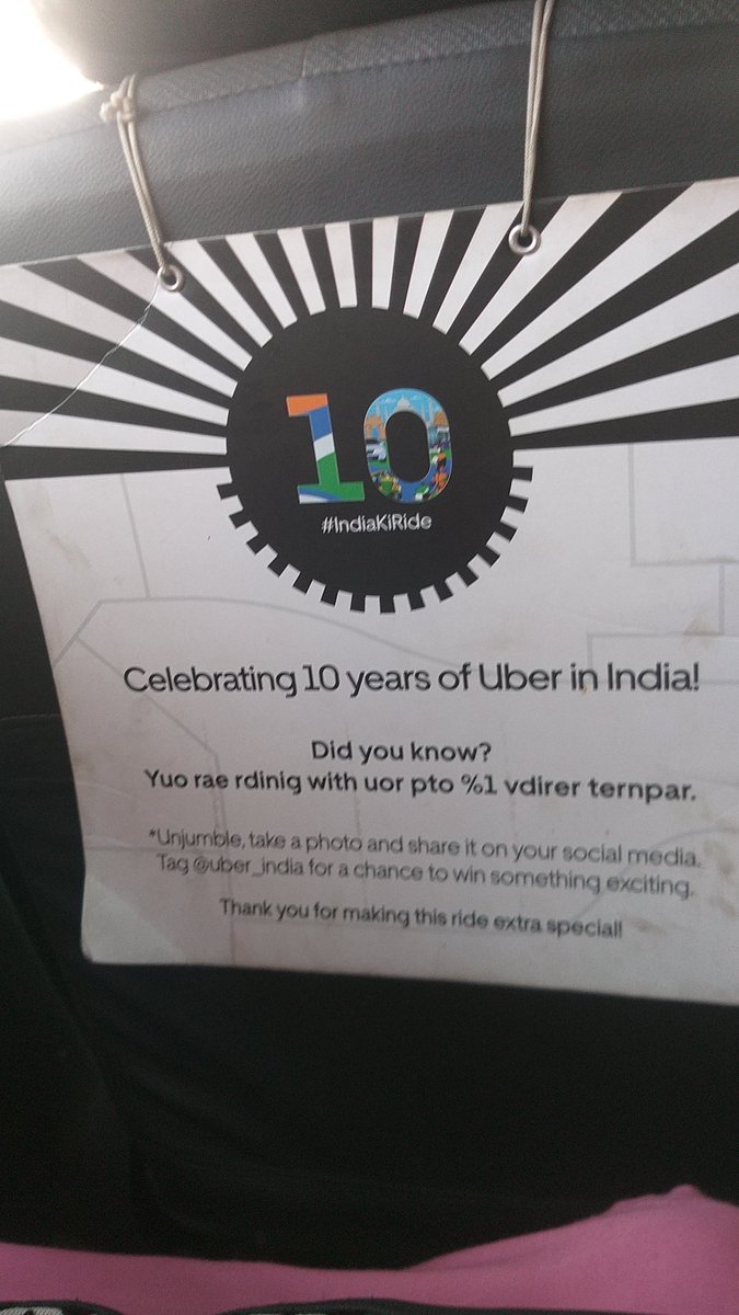 twirlyauthor's tweet photo. Yup Rae rdinig with uor pto 1% vdirer ternpar 
Unjumbled - you are riding with our top 1% driver partner #IndiaKiRide
🙂
@Uber_India https://t.co/gUB6ejpxaw