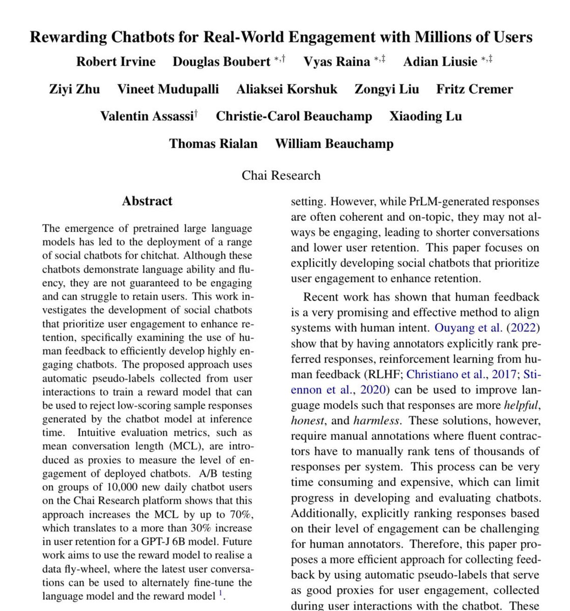 emollick's tweet image. Forget persuasion, there is already evidence you can optimize Large Language Models for engagement.
A paper shows training a model to produce results that keep people chatting leads to in 30% more user retention. And some pretty intense interactions arxiv.org/abs/2303.06135