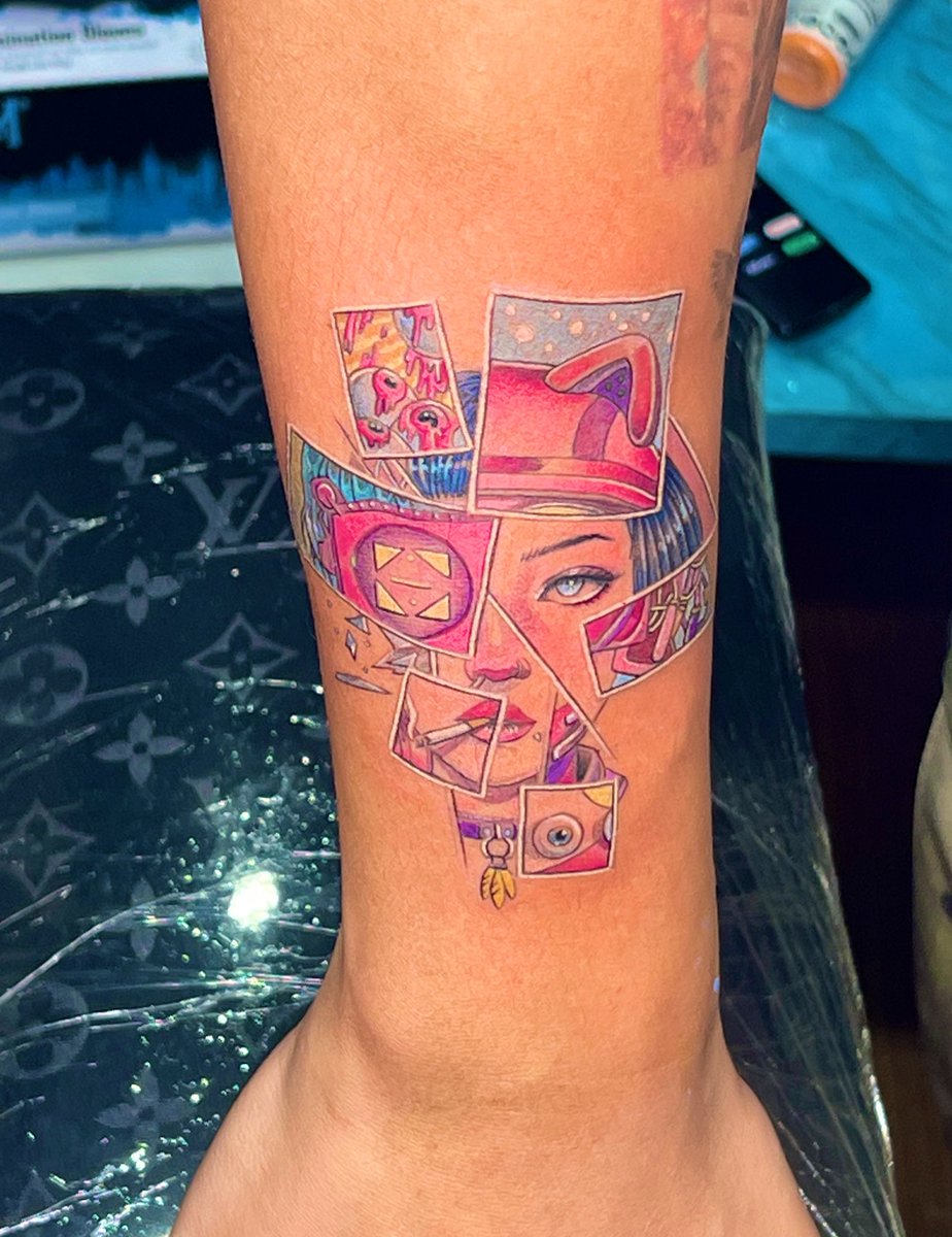 When I finally won a bid on for an #nft by <a href="/meowgress/">Meowgress</a> I was ecstatic. It was my favorite piece of digital art in my collection. I’m a huge fan of color, #cyberpunk themes, and feminine energy. “Pieces of her” covered all of that. I had a #tattoo done today inspired by it!