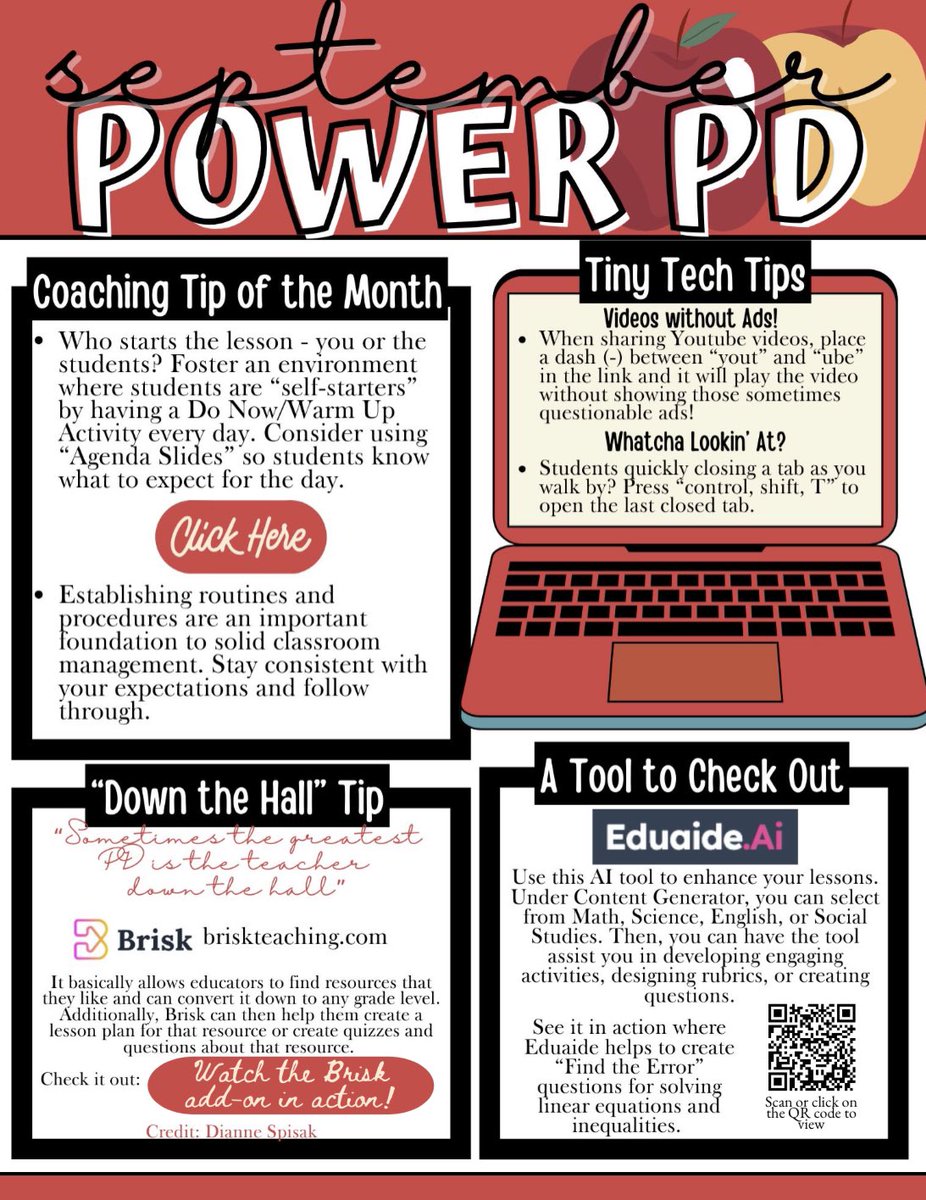 MrsBurkeJTDS's tweet image. Sept. &amp;amp; Oct.’s Power PD at BHS! These one pagers are shared during monthly staff meetings. In addition to the coaching tips, my favorite part is what I call the “down the hall” tip —where staff members contribute an idea/ strategy to share with colleagues. #instructionalcoaching