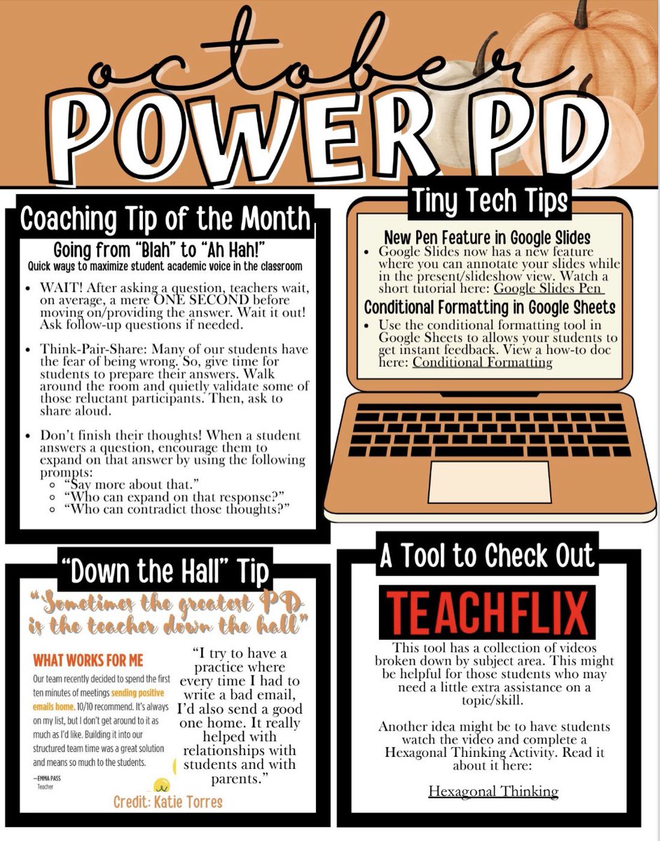 Sept. & Oct.’s Power PD at BHS! These one pagers are shared during monthly staff meetings. In addition to the coaching tips, my favorite part is what I call the “down the hall” tip —where staff members contribute an idea/ strategy to share with colleagues. #instructionalcoaching