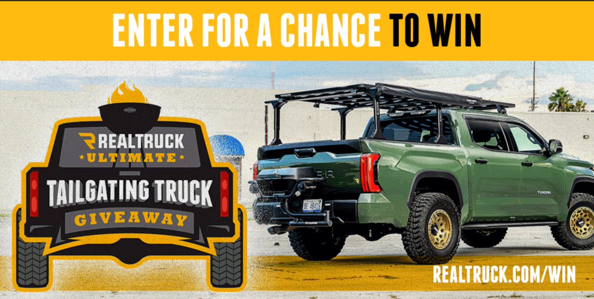 <a href="/RealTruck/">RealTruck.Com</a> is giving one lucky winner The Ultimate Tailgating Truck! Click this link to enter for a chance to win the Toyota Tundra ➡️ realtruck.com/win/ 🔥 #RealTruckPartner #RealTruckGiveaway