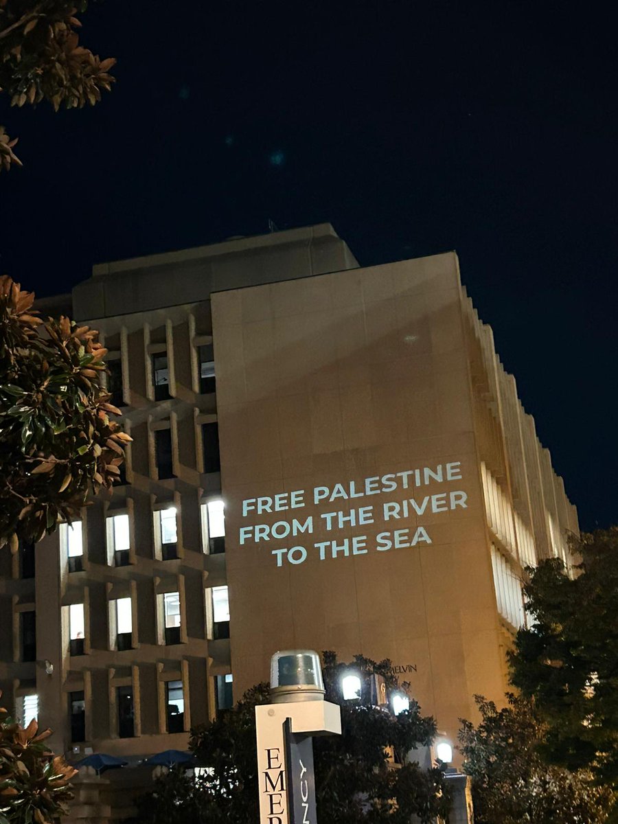 George Washington University - students are projecting horrifying messages onto a school library building glorifying Hamas terrorists that beheaded babies, raped teenage girls, and murdered 1400+ people. We call on President @PresidentofGW to immediately expel those involved.…