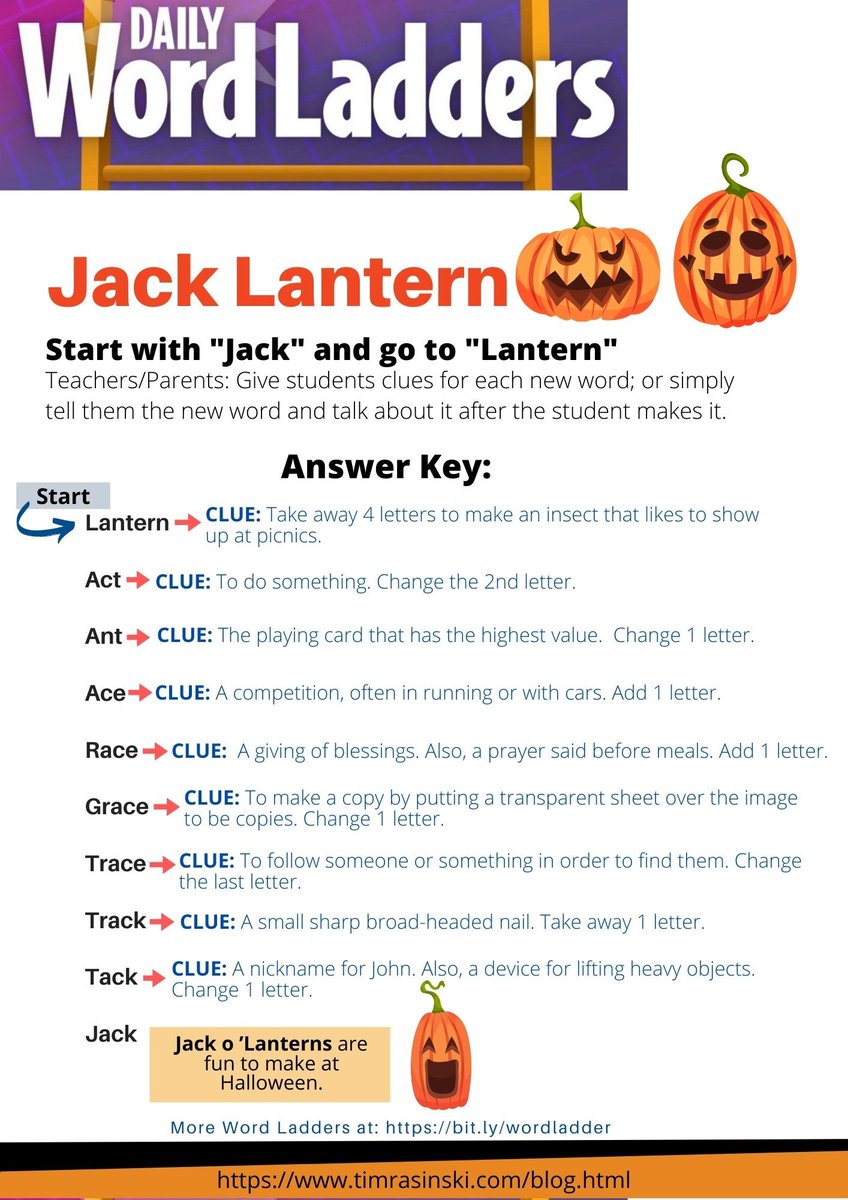 TimRasinski1's tweet image. Word Ladder Wednesday!  
Tis the season for Jack-o’-Lanterns (and word study)!  Enjoy!
@ILAToday @ascd @DyslexiaIDA @reading_league @IMSEOG