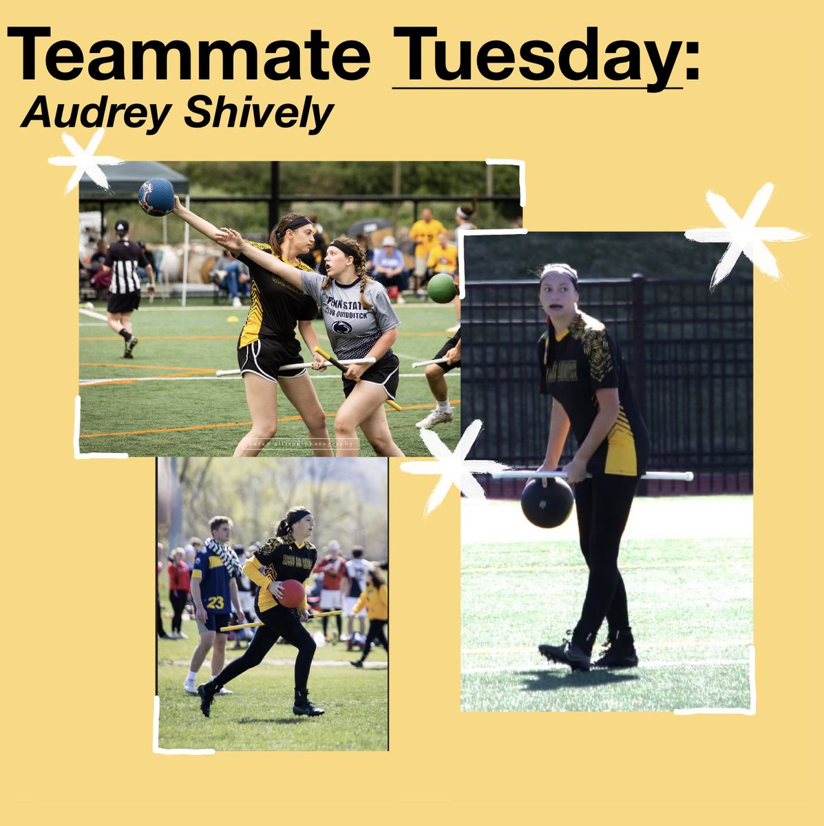 For our next Teammate Tuesday we are featuring Vice President, Audrey Shively! 

Number: 13

Position: Beater

Years on team: 3

Major: Biological sciences

Favorite thing about Quadball: building community with players across the country

Favorite pasta shape: stelline