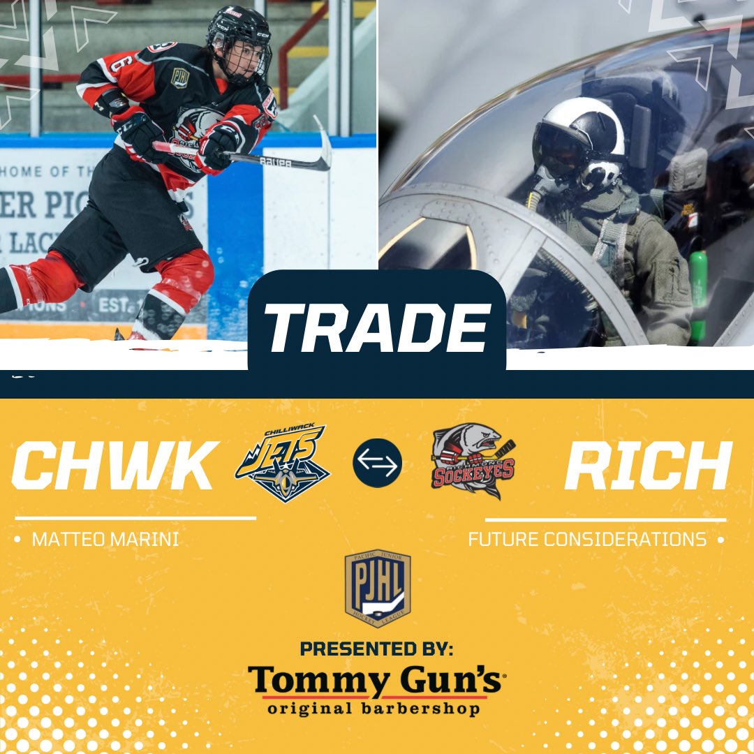 ChilliwackJets's tweet photo. 🔔TRADE ALERT🔔 - The Chilliwack Jets announced today that the club has acquired Defenseman, Matteo Marini from the Richmond Sockeyes in exchange for Future Considerations and a Player Development Fee.

Matteo is from Langley, BC and has spent the last 2 seasons in the PJHL with the Richmond Sockeyes. Marini last season played in 41 games and scoring 2 goals, 7 assists and 30 PIM’s. Marini also appeared in 2 Playoff Games with the Sockeyes collecting 1 assist. Matteo has started off this 2023/24 PJHL Junior A Season with 1 assist thru 9 games with the Sockeyes and 6 PIM’s.

“We are excited to add Matteo’s grit, knowledge, strength and power to the back end of our d-core this season. His past experience in the league will add more chemistry to our lineup and locker room. We are excited to get him going and into our lineup.” – Clayton Robinson, GM & President

JETS FANS! Welcome Matteo to the Harold Brittain Conference, Chilliwack and “THE HANGAR”.

#chilliwackjets #richmond #sockeyes #richmondsockeyes #thepjhl #championsarebuilthere #letsgojets #gojetsgo #hockeytrade #hockeylife #juniorhockey #chilliwack #juniora #madeofhockey #thebchc