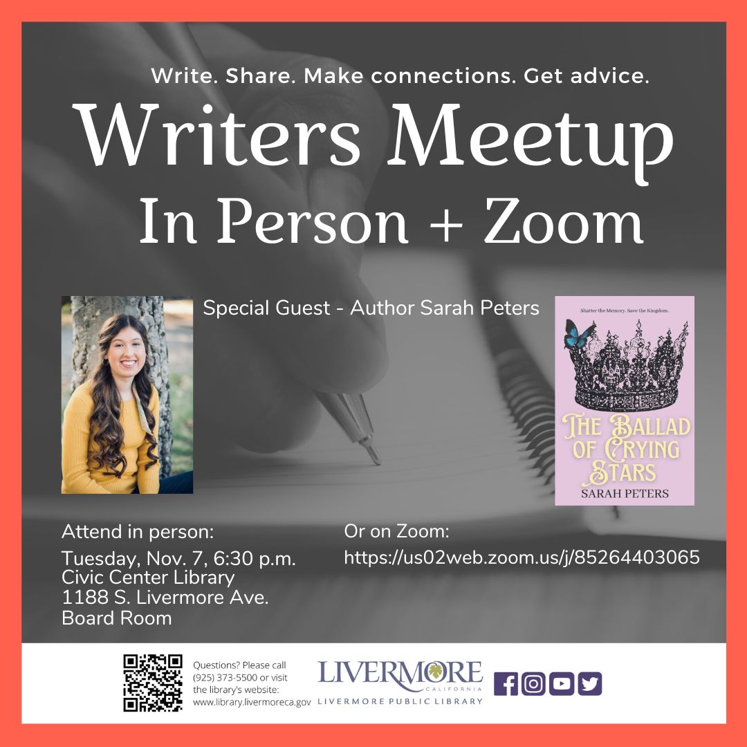 LivLibrary's tweet image. #WritersMeetup #CivicCenterLibrary Board Rm &amp;amp; on Zoom  11/723 @ 6:30pm
us02web.zoom.us/j/85264403065
Special guest - #AuthorSarahPeters - will offer writing &amp;amp; publishing tips to attendees.  Peters has written 8 books, 2 which were published (As Ever and The Ballad of Crying Stars).
