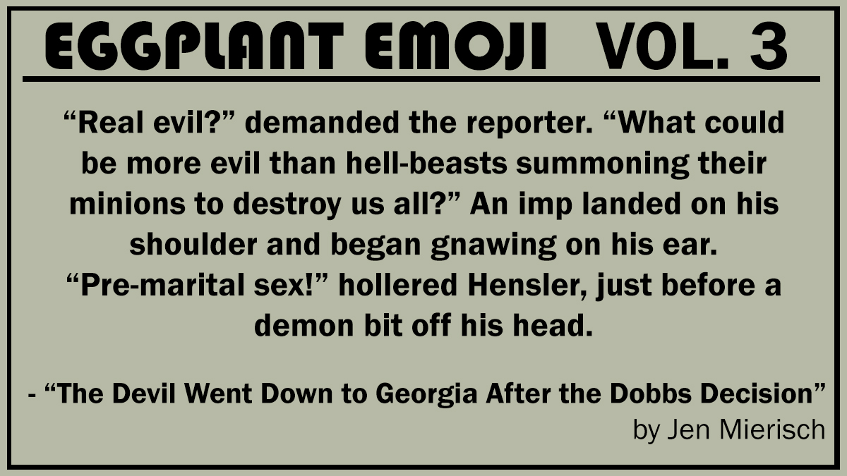 EggplantLit's tweet photo. Jen Mierisch @JenMierisch writes comedy and horror, sometimes at the same time. Her short stories and horror comedies have appeared in The Arcanist, the NoSleep Podcast, Funny Pearls, Little Old Lady Comedy, Lighten Up Online, and in numerous anthologies. 1/2 https://t.co/WJx0kh0GaD