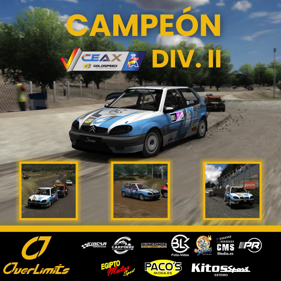 🏆 CAMPEON CEAXV DIV. II 2023 🏆

Conseguimos revalidar el campeonato conseguido el pasado año con muy buenos resultados a lo largo del año con el Citroen Saxo:

🥇 Esplus
🥇 Cerro Negro
🥇 Carballo
🥉 Arteixo
🥈 Miranda de Ebro
🥈 Lleida
🥈 Jerez de los Caballeros