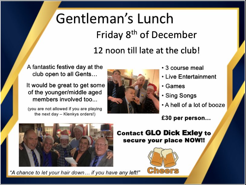 ** The Annual Gentleman’s Lunch is fast approaching **

Our GLO this year is the fab Richard Exley so I have no doubt that it will be a brilliant event 🙌🏼

Open to all gents … it is always a brilliant festive knees up at the club - get in touch to secure your place 🍻 🎄  🎉