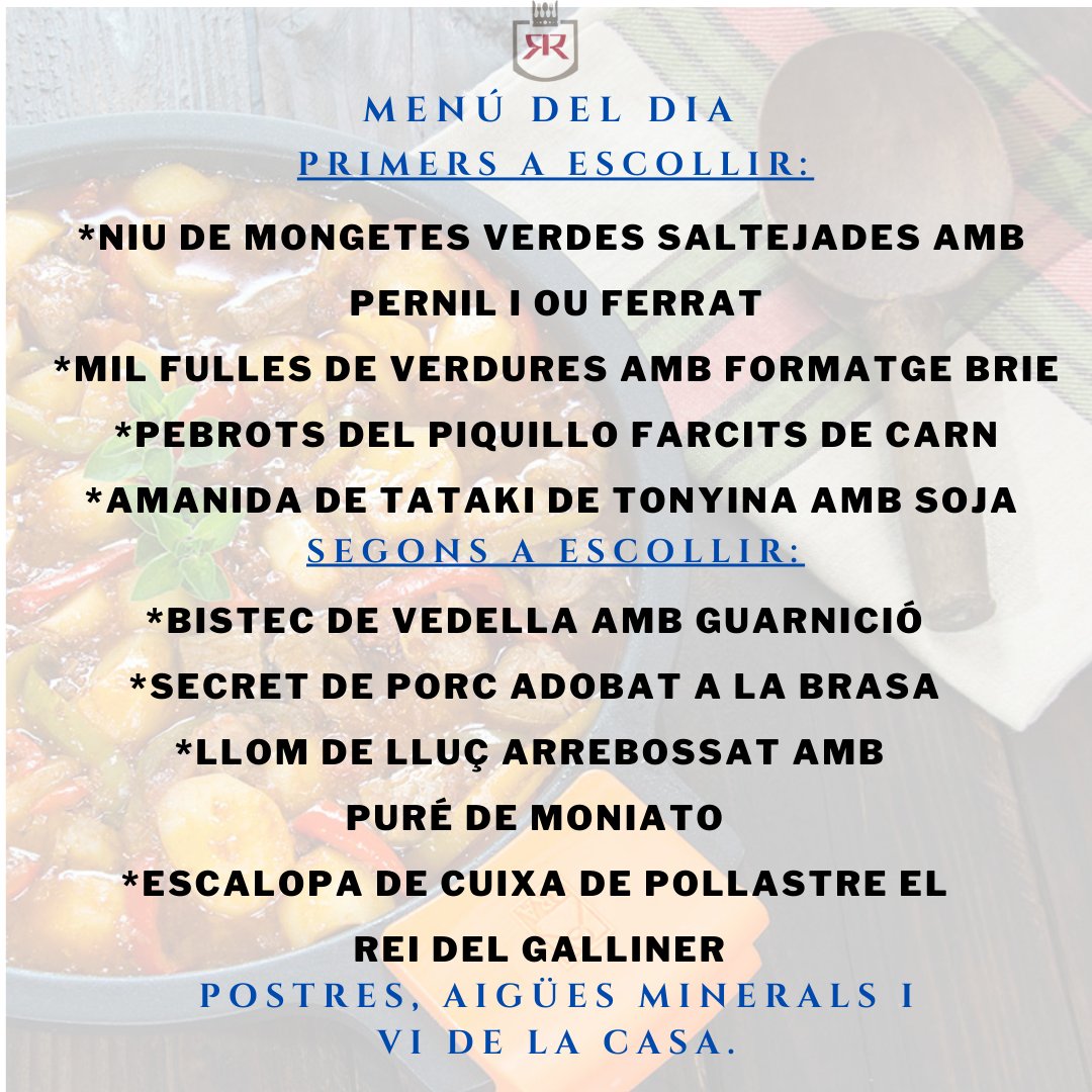 CalRamonNavas's tweet photo. Benvinguts a Cal Ramon! Aquesta setmana, el nostre menú us portarà a un viatge pel sabor de Catalunya. Proveu els pebrots del piquillo farcits de carn, les mongetes verdes amb ou ferrat i pernil, el secret de porc adobat a la brasa, l'escalopa de cuixa de pollastre i molt més. https://t.co/cZdtjt78Oz