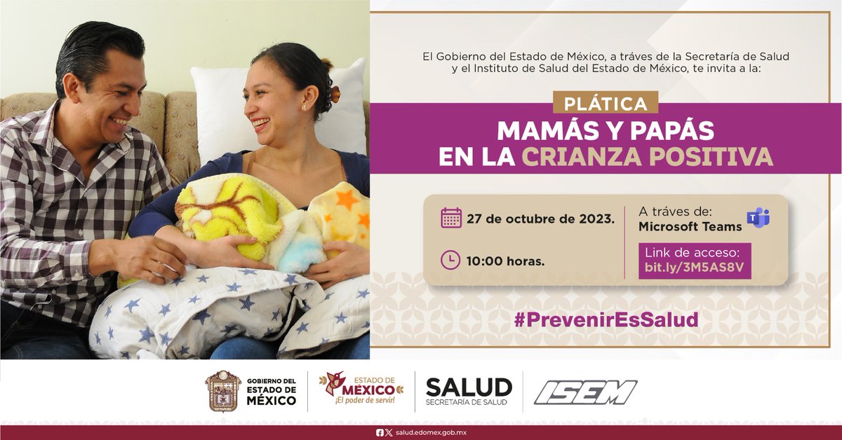 SaludEdomex's tweet photo. El @Edomex a través de la Secretaría de Salud del Estado de México y el #ISEM te invita a la plática en línea: "Mamás y papás en la crianza positiva".

📅 27 de octubre
⏰ 10:00 horas
📌 A través de Microsoft Teams en el link: https://t.co/1LHQ4EipgN

¡No faltes! https://t.co/DgKyqkz3UD