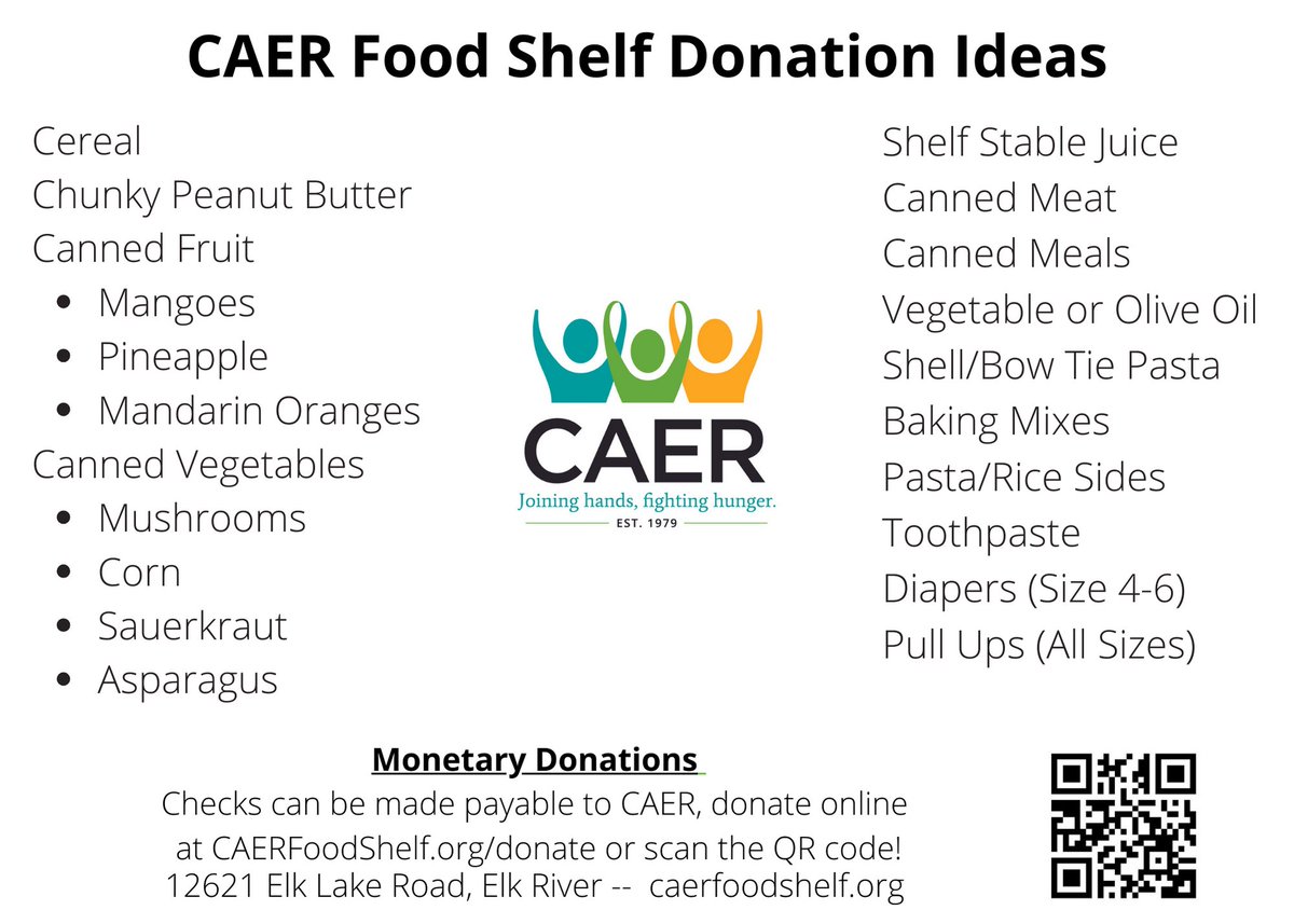 Are you interested in donating to CAER Food Shelf?
Here's a few ideas of our most needed items. Please share! Thank you for your support!