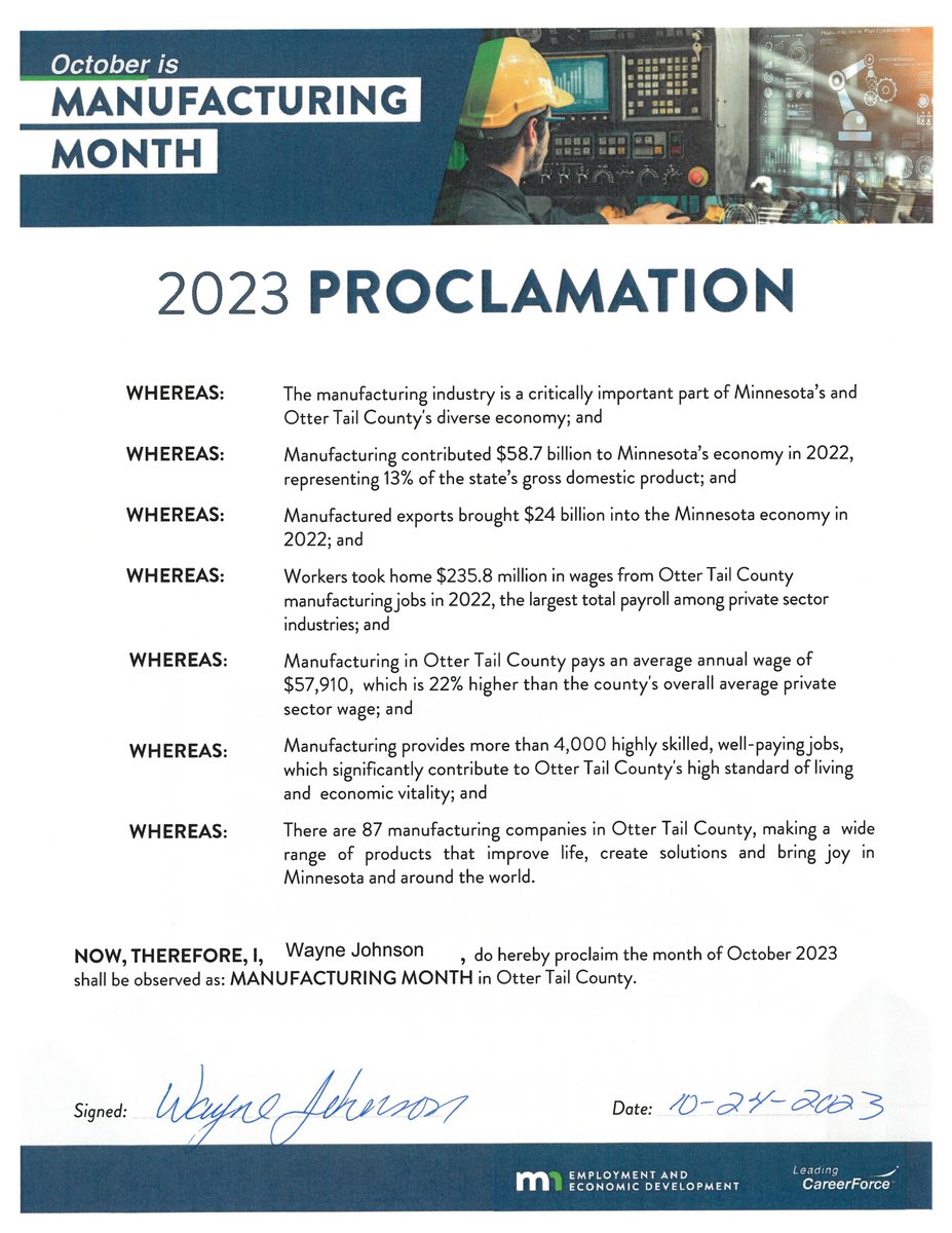 OtterTailCoMN's tweet photo. Manufacturing provides 4,000+ highly skilled jobs, which contribute to our high standard of living & economic vitality. The Board of Commissioners has proclaimed October as #MNManufacturingMonth in #OtterTailCounty.
View the full proclamation: https://t.co/Lf60RYPGuX
#otcworks https://t.co/0yg96axnoC