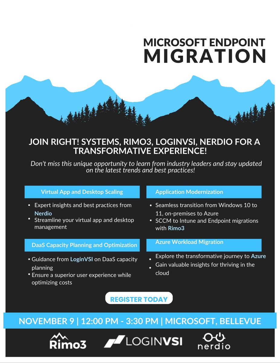 Join us November 9th with <a href="/RightSystemsInc/">Right! Systems, Inc.</a>, <a href="/LoginVSI/">Login VSI</a>, and <a href="/GetNerdio/">Nerdio</a> to learn everything you need to know about Microsoft endpoint migration.

Sign up today at-
rightsys.com/microsoft-endp…

#Microsoft #Windows11 #Intune