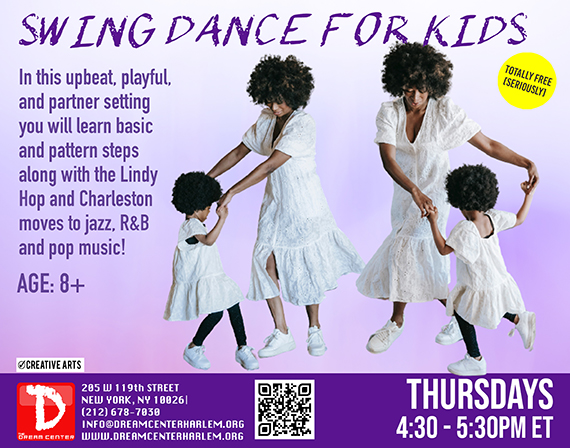 DreamCtrHarlem's tweet photo. Join #DreamCenterHarlem on THUs for SWING DANCE FOR KIDS. #Youth 8+, learn basic &amp; pattern steps, the #LindyHop and more to jazz, R&amp;B &amp; #pop music in this upbeat, playful, partner setting #danceclass. More info and sign up at https://t.co/CojWCOVzKC. #swingdance #kids #freenyc https://t.co/rPtIyRm3Q9