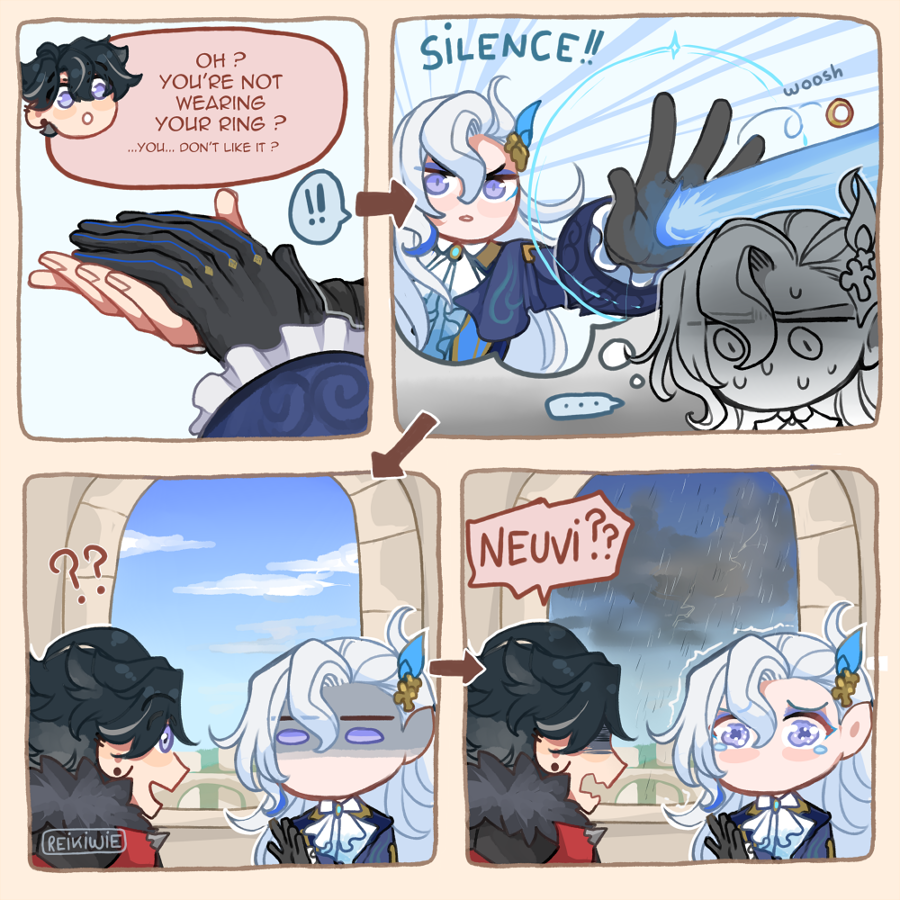 Reikiwie's tweet photo. drawing wriolette until i get them reunited (day 4)
as a married couple, it'd be tragic for Neuvi to lose his precious ring right ??😔
#wriolette #neuvithesley #Wriothesley #Neuvilette https://t.co/ZZOTn6yGRy