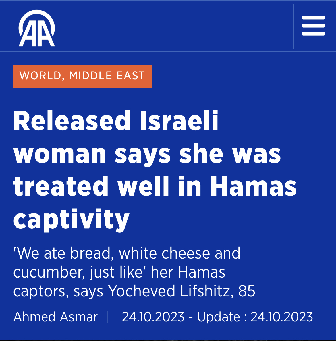 Yocheved Lifshitz, an 85-year-old Israeli woman released as a hostage Monday, described her experience being captured and held by Hamas.

News outlets have framed her statement differently through their headline choices, leading to varying interpretations of her experience.