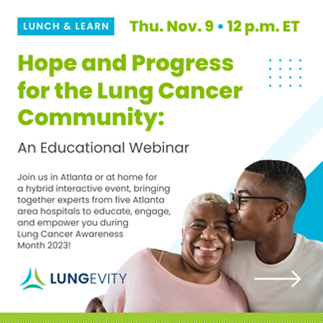 Christine Weldon (@cebweldon) on Twitter photo FREE lunchtime webinar for people with lung cancer on 11/9 at 12 pm EST, with <a href="/LUNGevity/">LUNGevity Foundation</a> and Atlanta’s top LC experts on #lungcancerresearch and tips for living well. Attend virtually from anywhere! Register at lungevity.org/hopeandprogress FREE lunchtime webinar for people with lung cancer on 11/9 at 12 pm EST, with <a href="/LUNGevity/">LUNGevity Foundation</a> and Atlanta’s top LC experts on #lungcancerresearch and tips for living well. Attend virtually from anywhere! Register at lungevity.org/hopeandprogress