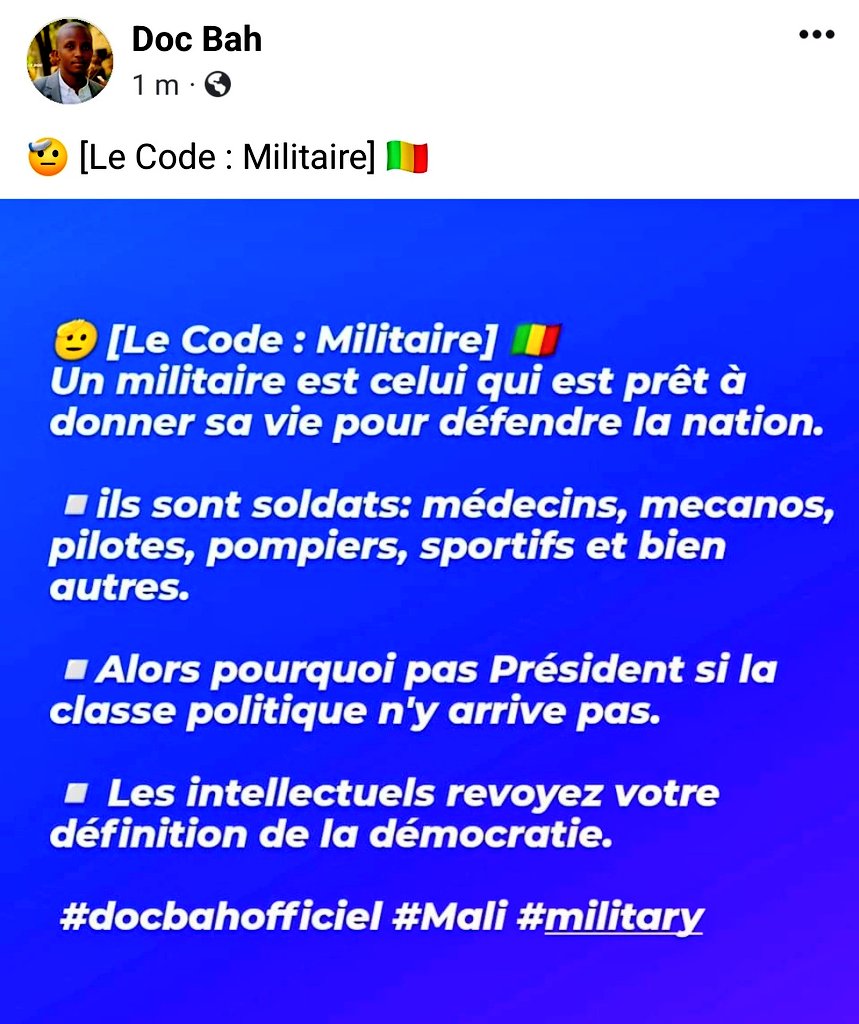 ✊🏽 Sauvé la patrie quel que soit le poste. <a href="/PresidenceMali/">Presidence Mali</a> <a href="/GoitaAssimi/">Général d'Armée Assimi GOITA</a> <a href="/ChoguelKMaiga/">Choguel Kokalla Maiga</a> @Colonel_Maiga <a href="/AbdoulayeDiop8/">Amb. Abdoulaye Diop</a>