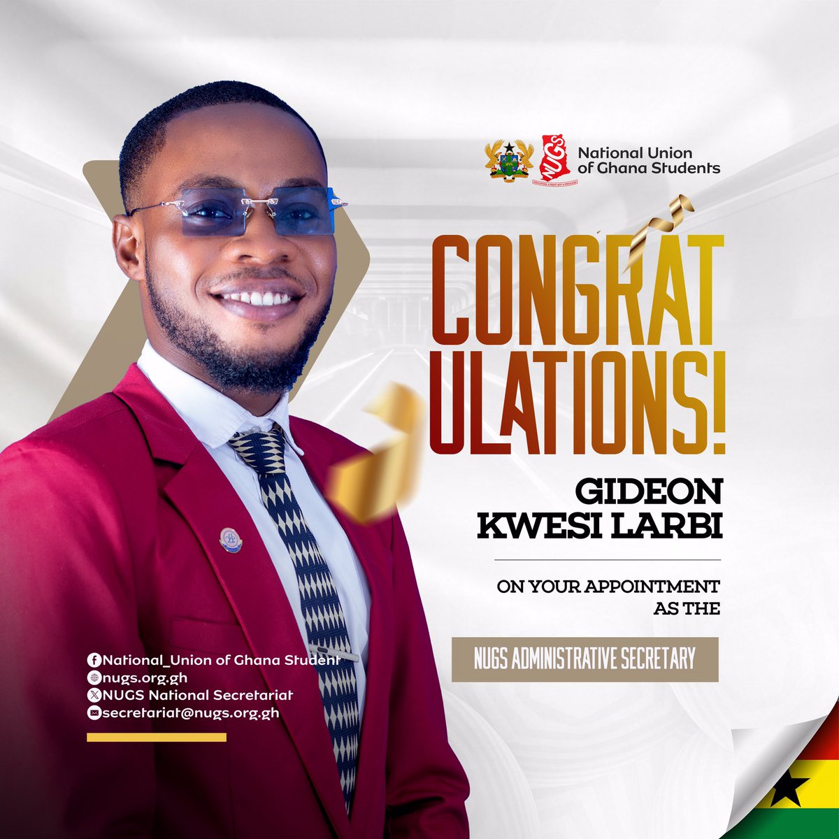 My heartfelt gratitude goes out to The Presidents of the  57th NUGS Administration,H.E <a href="/KOD_focus/">Kyeremeh Oppong Daniel KOD</a>, the 56th NUGS Administration, H.E <a href="/dlarbiampofo/">Dennis Nana Appiah Larbi-Ampofo</a> ,my Predecessor, Most respected  Kojo Zu,Family and Friends, and above it all,GOD Almighty who made it possible.

#Aluta_Continua!