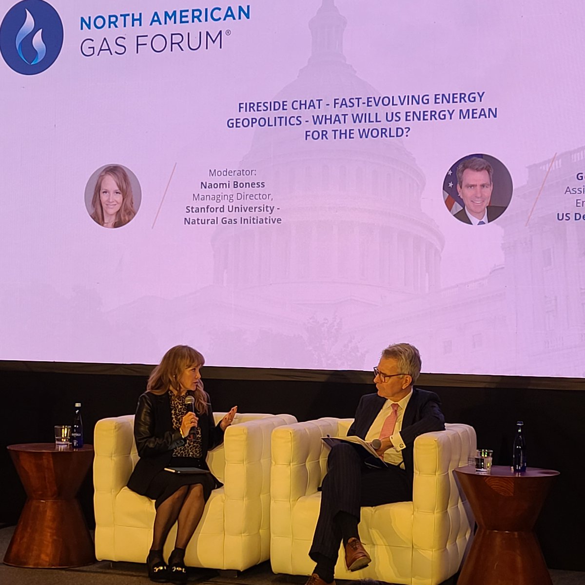 AsstSecENR's tweet photo. It was a pleasure to join Naomi Boness at the #NAGF2023. U.S. working to advance the Global Methane Pledge (GMP). IRA is helping U.S. private sector advance carbon capture and methane abatement throughout the value-chain. @Energy_Dialogue #EnergyDialogues https://t.co/Azd2kGaYfN