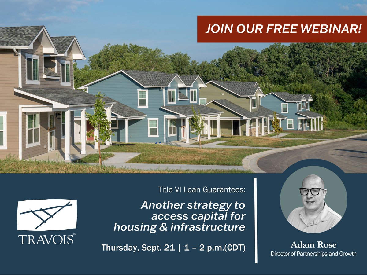 TravoisKC's tweet photo. Join us for a free webinar this week!

You'll to learn how to access capital for housing and economic development efforts with a financing tool that’s unfamiliar to most.

We will provide an in-depth look at the Title VI 95% Loan Guarantee from the (HUD). https://t.co/79OHh1q7UJ