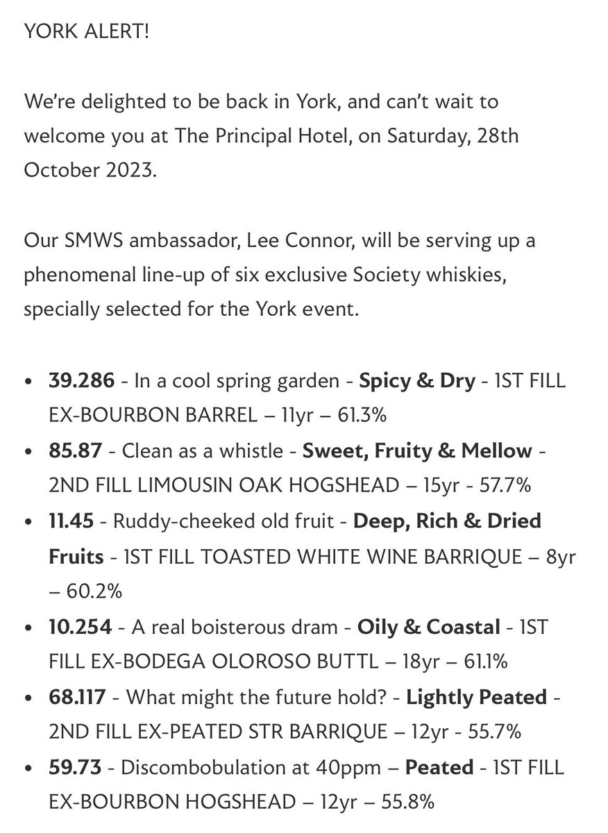 Whilst we plot our Dec tasting, if you are feeling a whisky pang, check out the @smwsnorthyorks @SMWSUK tasting in York this Saturday (28th) presented by @distilconsult. 🥃 (Open to all!) smws.com/york-whisky-ta…