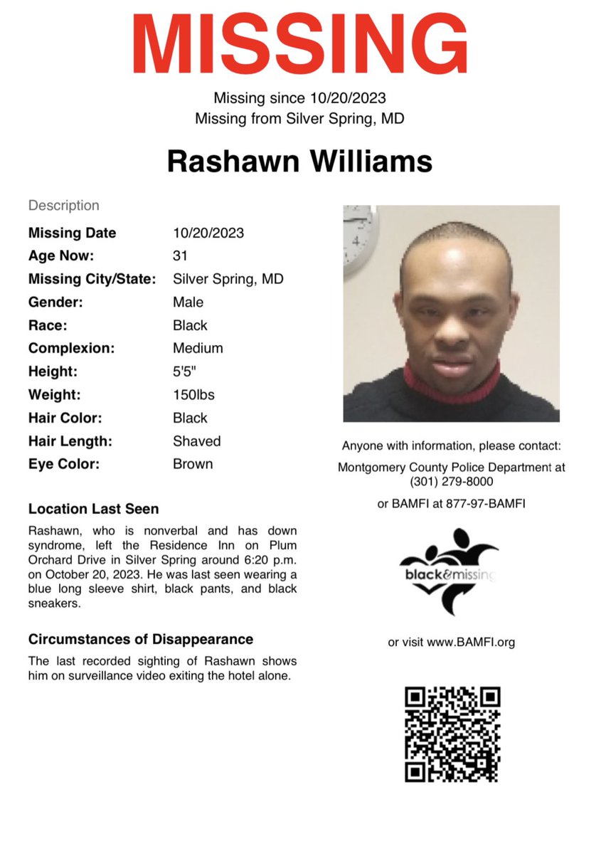 BAM_FI's tweet photo. Silver Spring, MD: 31y/o Rashawn Williams was last seen leaving the Residence Inn on Plum Orchard Dr around 6:20pm on October 20th. He was last seen wearing a blue long sleeve shirt, black pants &amp; black sneakers. #HelpUsFindUs #RashawnWilliams https://t.co/ZrpCSY1SH2