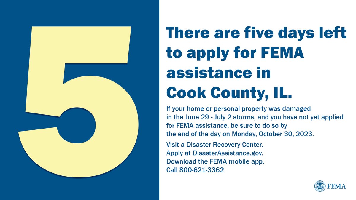 femaregion5's tweet photo. If you live in Cook County, IL and your home or personal property was damaged in the June 29-July 2 storms, be sure to apply for FEMA assistance by Monday, Oct. 30:

https://t.co/63Z2EOhZf2
800-621-3362
Use the FEMA app
Visit a disaster recovery center: https://t.co/VaHM2ieiG0 https://t.co/xRzWoqWuoG
