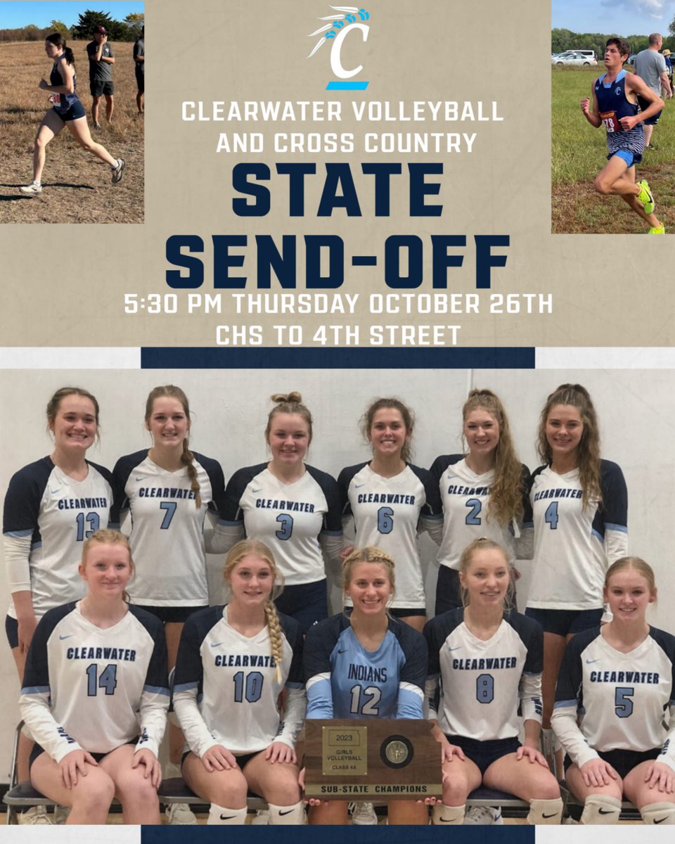 🏃‍♀️🏐🏆State Championship Send-Off🏆
Thursday @ 5:30pm
CHS to 4th Street
#one264