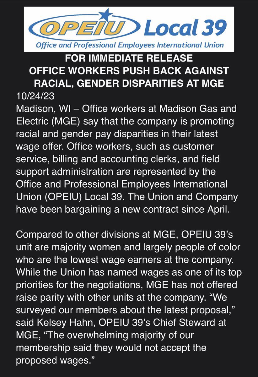 Inbox: <a href="/OPEIU39MGE/">OPEIU Workers @ MGE</a> is accusing <a href="/MGEMadison/">Madison Gas and Electric</a> of “promoting racial and gender pay disparities” with a recent wage offer as part of contract negotiations between the two sides.