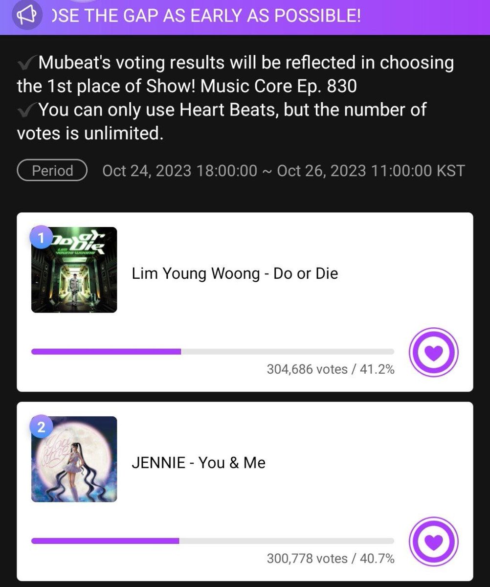 🚨 MUBEAT: MUSIC CORE Global pre-voting 🚨 #JENNIE is now on 2nd place please keep collecting heart beats, or donate to @jnkvotingteam! LESSEN THE GAP! WE ONLY HAVE UNTIL 10/26 (Tomorrow) to catch up! 🔗mubeat.page.link/W3zR