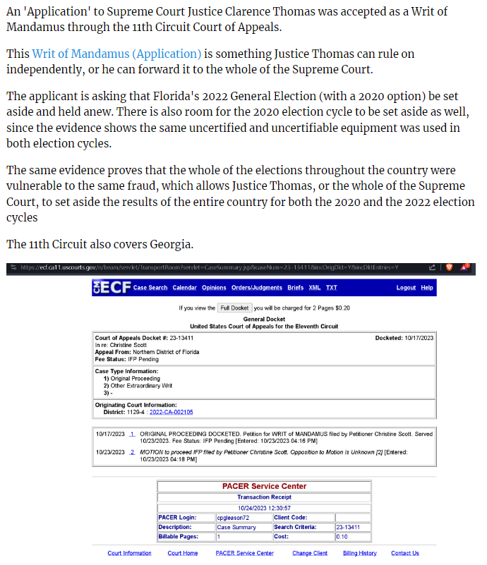 Holy shit! 👇👀

___________

'An 'Application' to Supreme Court Justice #ClarenceThomas was accepted as a Writ of Mandamus through the 11th Circuit Court of Appeals.

This Writ of Mandamus (Application) is something Justice Thomas can rule on independently, or he can forward it…