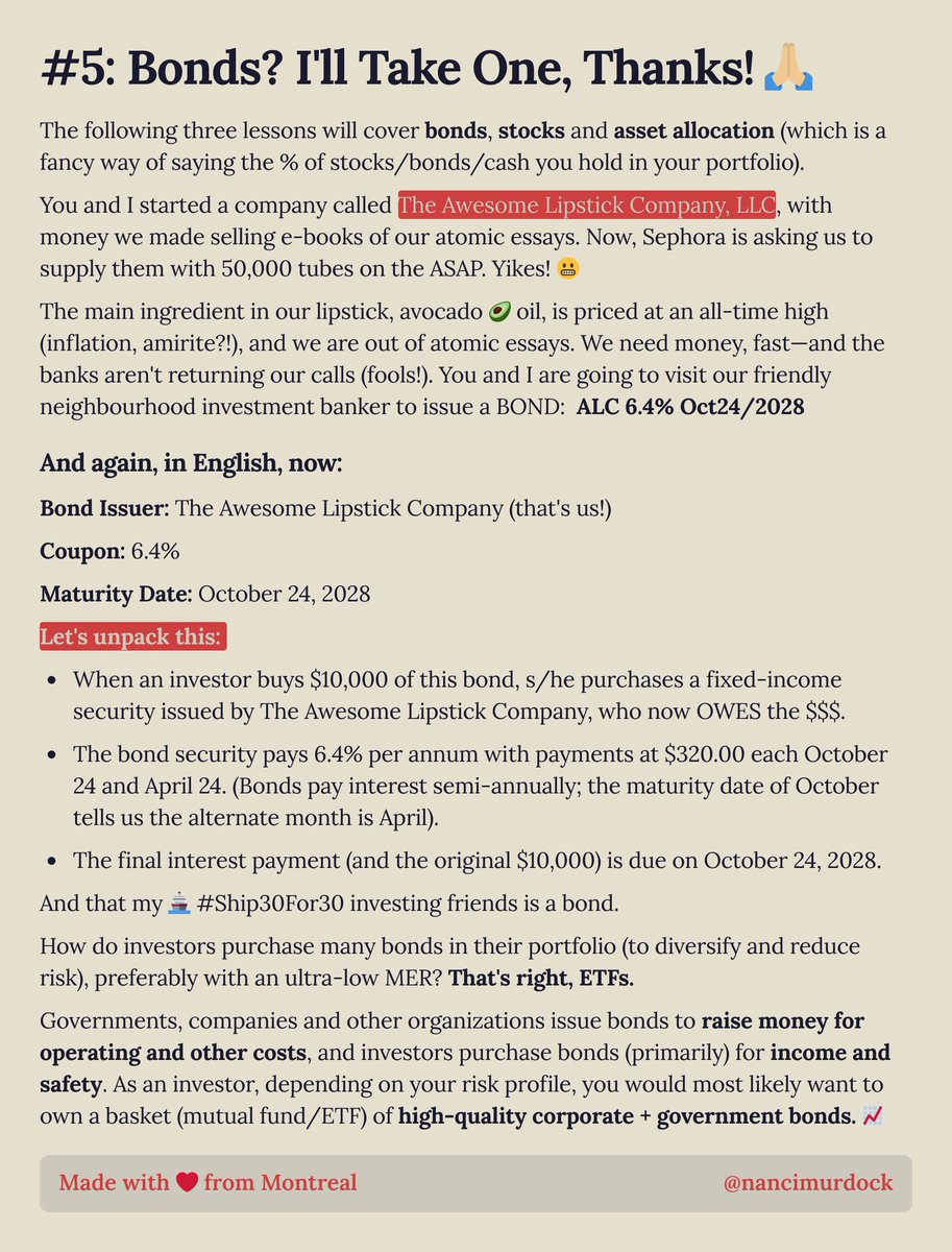 Lesson #5: Bonds? I'll Take One, Thanks! 🙏🏼

Why does The Awesome Lipstick 💄 Company, LLC need vats of avocado 🥑 oil? Read all about it 👇👇👇

10/30 🚢 #Ship30for30 ✍🏼❤️