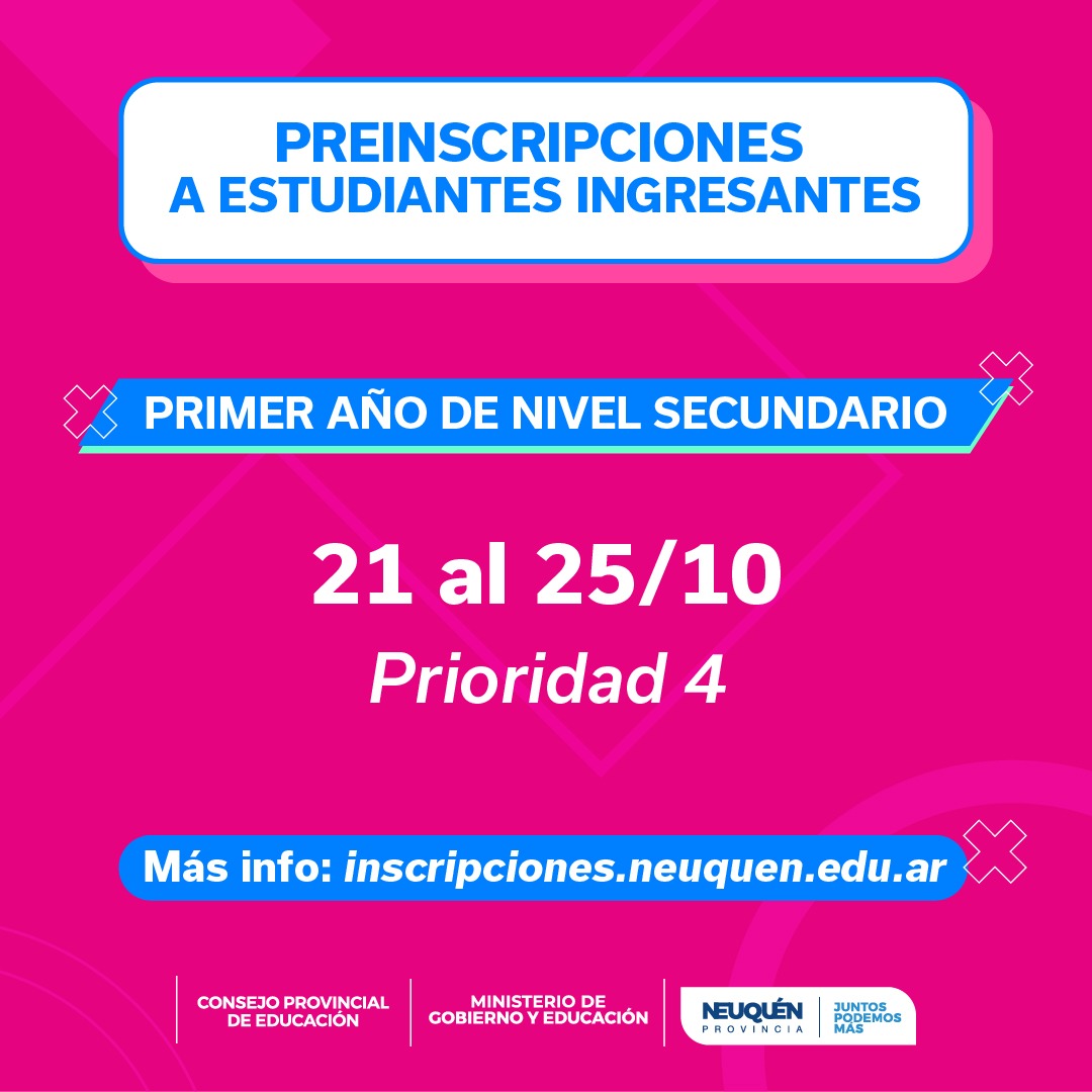 mineducacionqn's tweet photo. #Inscripciones2024 
Mañana 25/10 finaliza el período de preinscripción para aspirantes a 1º año de escuelas secundarias con prioridad 4
📝Link para inscribirse y obtener info sobre radios, escuelas derivantes y fechas: https://t.co/RRNuxyPZG1
#MinisterioGobiernoEducación  
#CPE https://t.co/VtPJcVWd9V