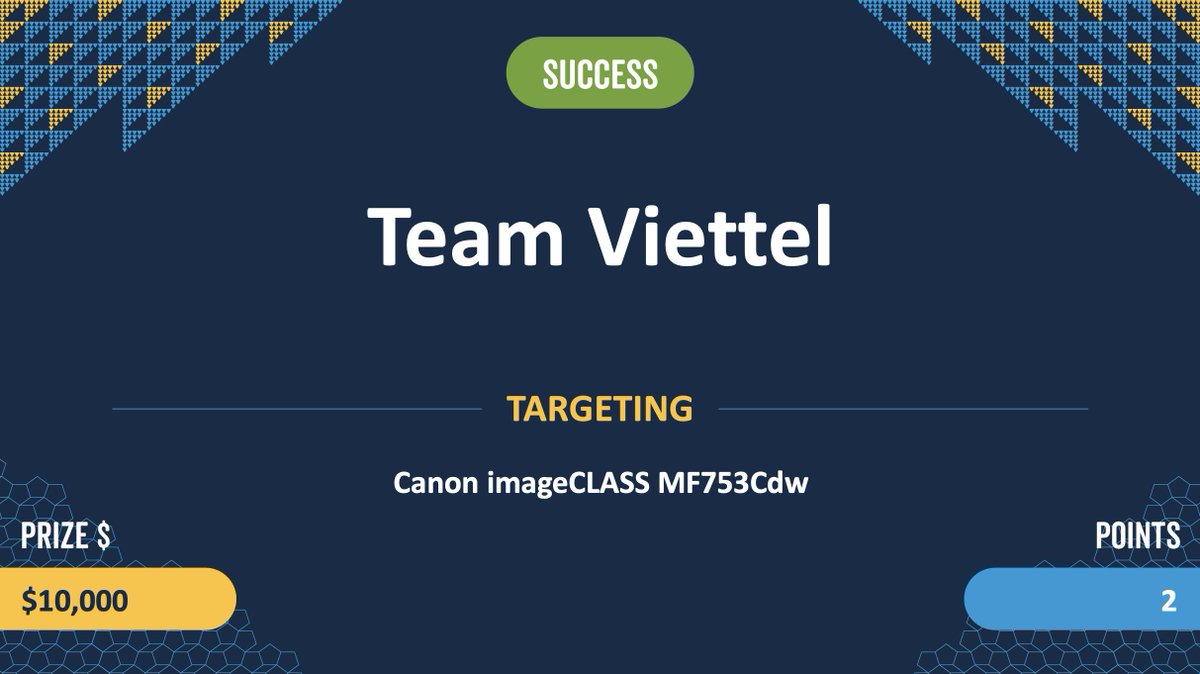 thezdi's tweet photo. Success! Team Viettel was able to execute a stack-based buffer overflow attack against the Canon imageCLASS MF753Cdw. They earn $10,000 and 2 Master of Pwn points. #Pwn2Own https://t.co/sQESe23giq