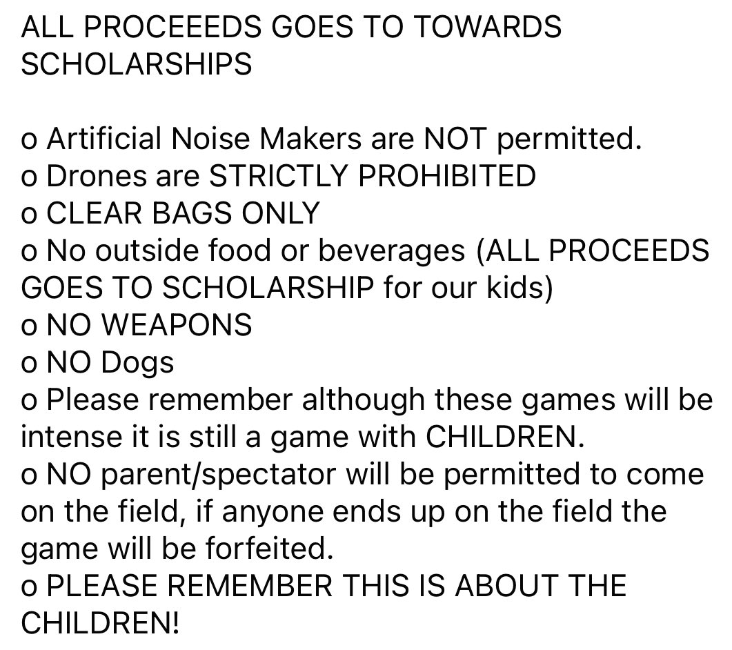 Mid Florida Pop Warner D2 Championship
Hickory Tree Community Park
2361 Old Hickory Tree Road, 
St. Cloud FL, 34772
‼️GAME ENTRY: THERE IS NO RE-ENTRY $10 18yrs + $5 Kids 3-17
ALL PROCEEEDS GOES TO TOWARDS SCHOLARSHIPS

🏆 LETS SHOW UP AND SHOW OUT FOR OUR FUTURE NOLES 🏆