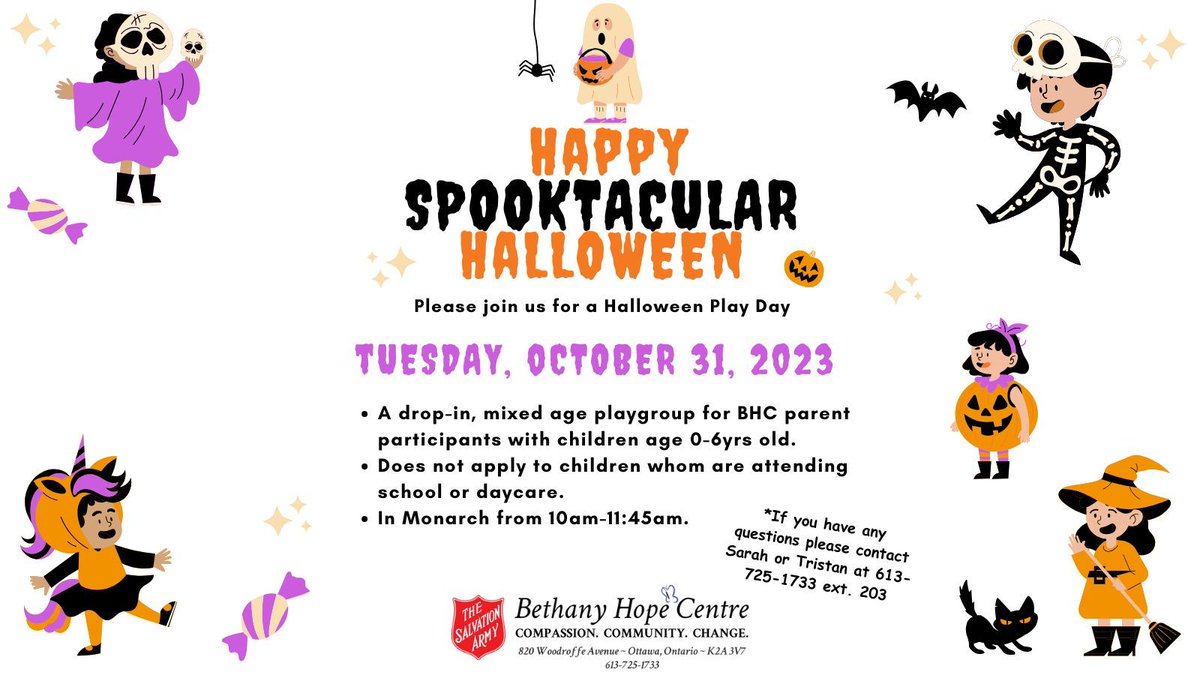 BethanyHopeCtr's tweet photo. 👻✨ Spooktacular Halloween Play Day! 👻🎃

Calling all little goblins and their bewitching parents! 🧙‍♀️ Join us for a hauntingly delightful play day filled with tricks, treats, and endless giggles. 👻🍭🎃 

#CompassionCommunityChange #BethanyHopeCentre https://t.co/a4cFEneqOD